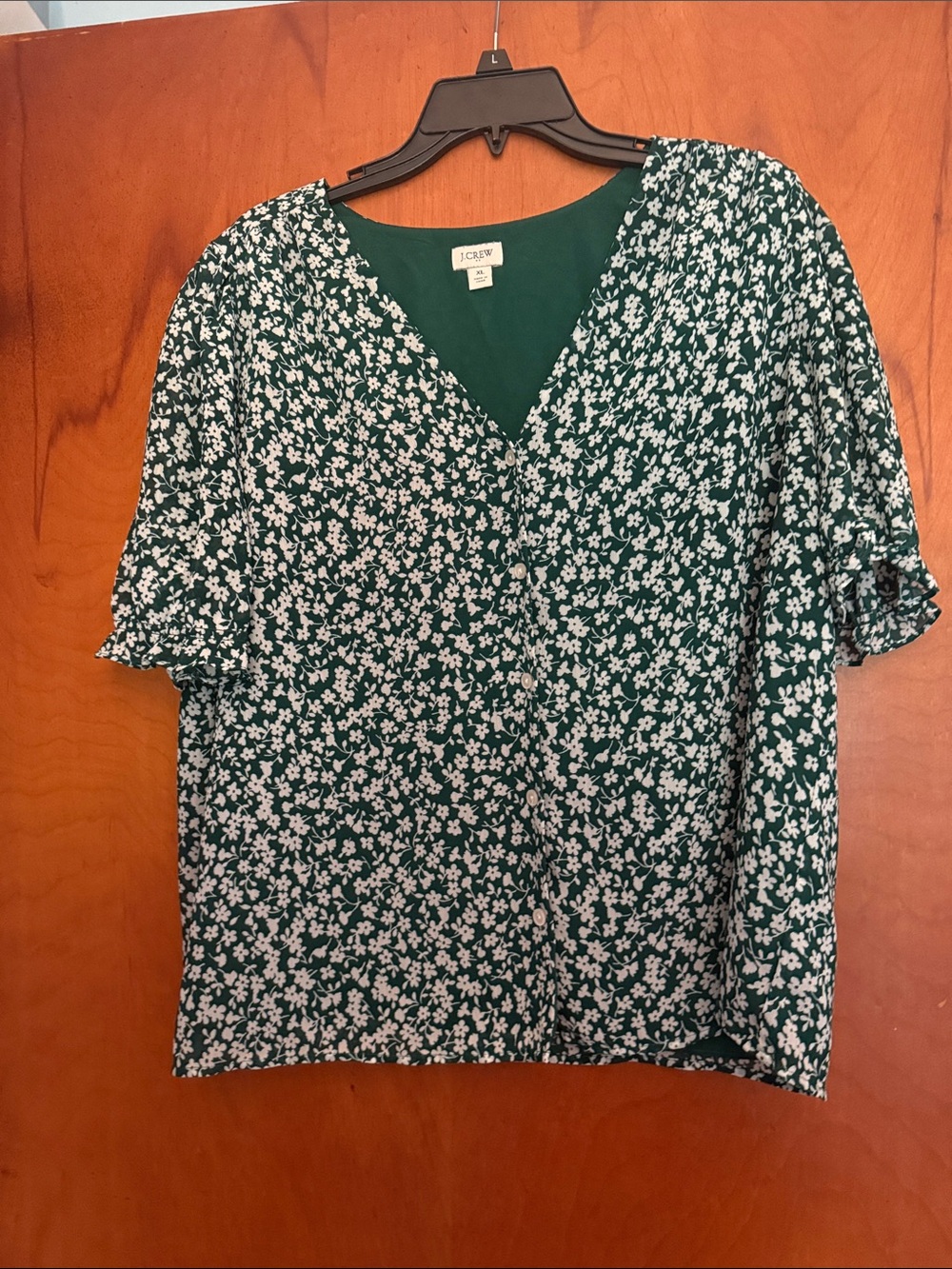 J. Crew Dark Green Floral V-Neck Short Sleeve Blouse